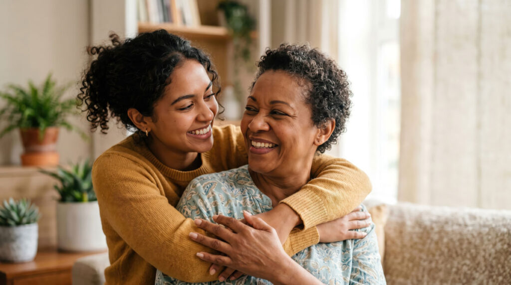 mother and caregiver daughter embracing